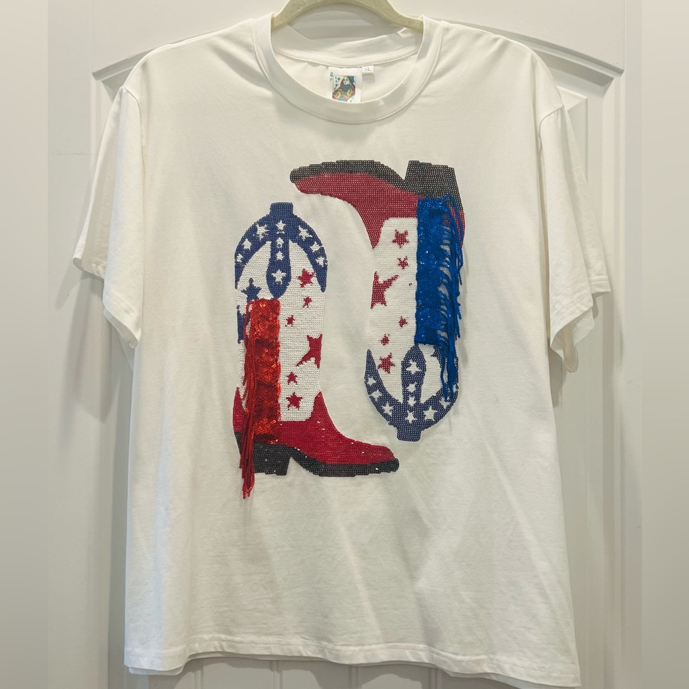 Queen of Sparkles blue and red fringe boot tee